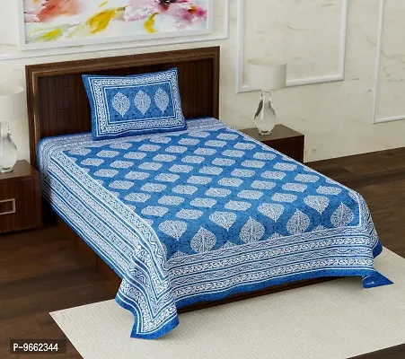UniqChoice 100% Cotton Blue Color Jaipuri Single bedsheet with 1 Pillow Cover,1+1_Single_76_Blue_89