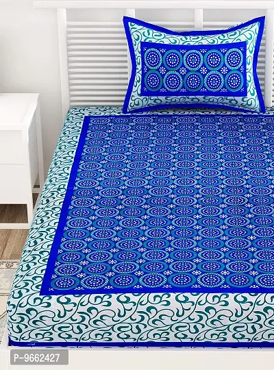 UniqChoice 100% Cotton Blue Color Jaipuri Single bedsheet with 1 Pillow Cover,1+1_Single_Gola_Blue-thumb4