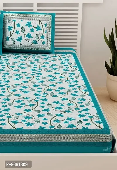 UniqChoice Floral Japuri Printed 120 TC 100% Cotton Double Bedsheet with 2 Pillow Cover,Turquoise(UCEBD107)-thumb4