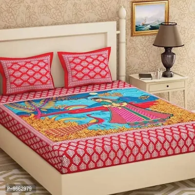 UniqChoice Cotton Traditional Print Double Bedsheet with 2 Pillow Cover - Red (215 x 240 cm)-thumb0