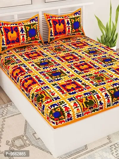 UniqChoice Yellow Color Rajasthani Traditional Printed 120 TC 100% Cotton Double Bedsheet with 2 Pillow Cover,UCEBBD327-thumb3