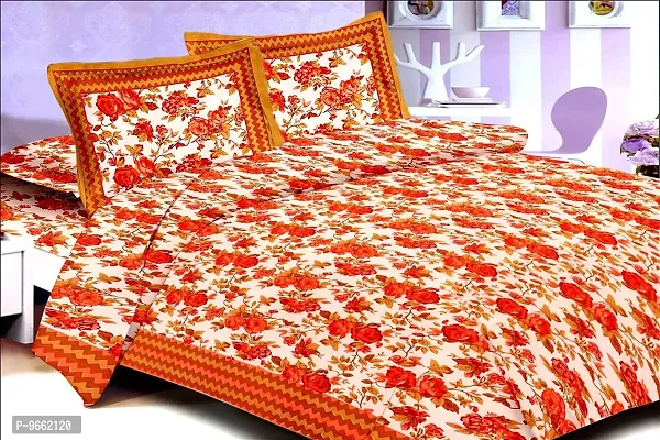 Uniqchoice 144 Tc Cotton Sanganeri Traditional Double Bed Sheet with 2 Pillow Covers - Orange