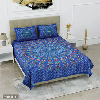 UniqChoice Blue Color 100% Cotton Jaipuri Traditonal Double BedSheet with 2 Pillow Cover(114_Blue_89)