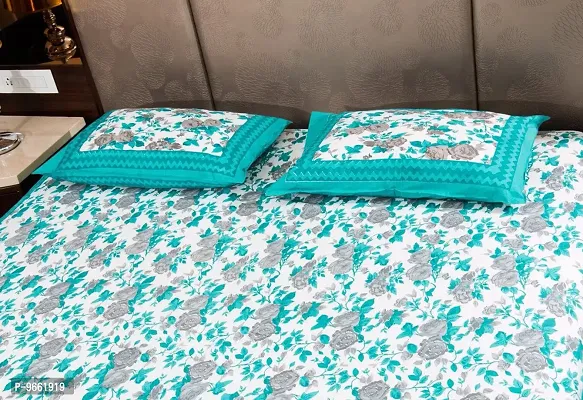 UniqChoice Floral Japuri Printed 120 TC 100% Cotton Double Bedsheet with 2 Pillow Cover,Turquoise(UCEBBD271)-thumb2