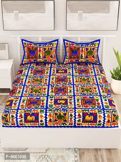 UniqChoice Rajasthani Traditional Printed 144 TC| 100% Cotton| Double Bedsheet| Bedsheet with 2 Pillow Cover| Blue-thumb2