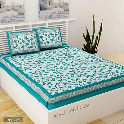 UniqChoice Floral Japuri Printed 120 TC 100% Cotton Double Bedsheet with 2 Pillow Cover,Turquoise(UCEBD107)-thumb0