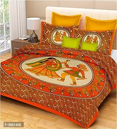 UniqChoice Cotton 144TC Rajasthani Prints Bedsheet for Double Bed with 2 Pillow Covers (Orange, 86x96-inch)