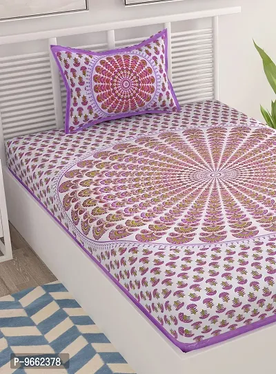 UniqChoice 100% Cotton Purple Color Jaipuri Single bedsheet with 1 Pillow Cover,1+1_Single_Chakari_Purple-thumb3