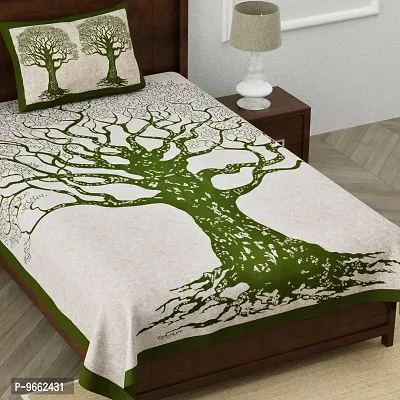 UniqChoice 100% Cotton Green Color Jaipuri Single bedsheet with 1 Pillow Cover,1+1_Single_Tree_Green-thumb2