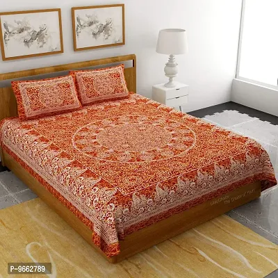 UniqChoice 120TC Red Cotton Jaipuri Traditonal Printed Double Bedsheet with 2 Pillow Cover (SUNBD_075)-thumb0