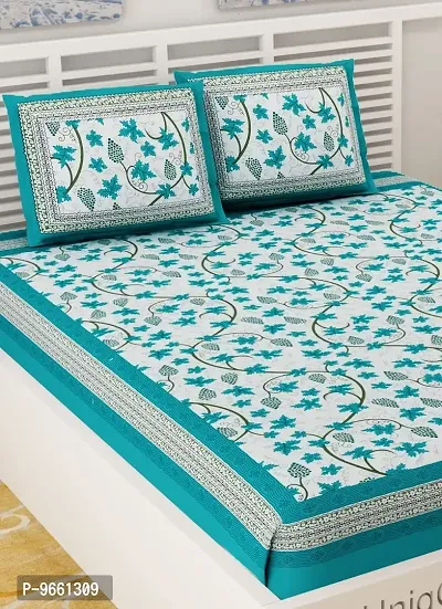 UniqChoice Floral Japuri Printed 120 TC 100% Cotton Double Bedsheet with 2 Pillow Cover,Turquoise(UCEBD107)-thumb3