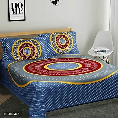 UniqChoice Blue Color 100% Cotton Jaipuri Traditonal Double BedSheet with 2 Pillow Cover,35_Blue_89