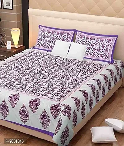 UniqChoice Jaipuri Print 100% Cotton Rajasthani Tradition King Size Double Bedsheet with 2 Pillow Covers(Purple Color)-thumb0