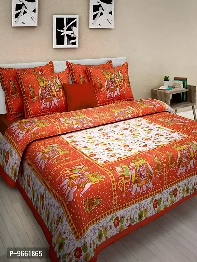 UniqChoice Jaipuri Print Rajasthani Tradition 120 TC Cotton Double Bedsheet with 2 Pillow Covers - Orange-thumb0