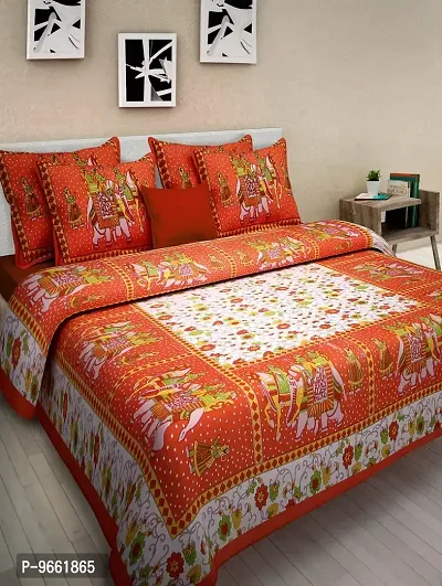 UniqChoice Jaipuri Print Rajasthani Tradition 120 TC Cotton Double Bedsheet with 2 Pillow Covers - Orange