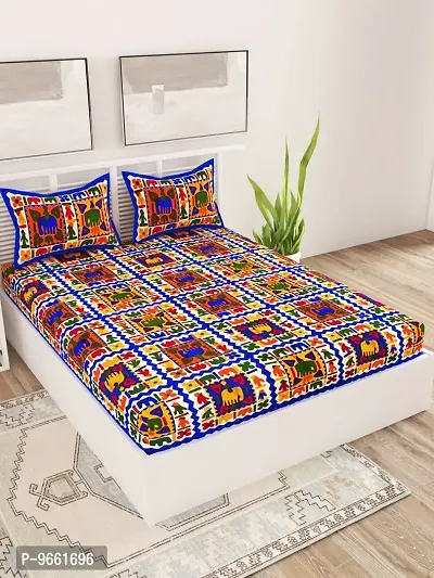 UniqChoice Rajasthani Traditional Printed 144 TC| 100% Cotton| Double Bedsheet| Bedsheet with 2 Pillow Cover| Blue-thumb0