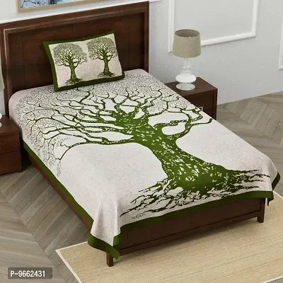 UniqChoice 100% Cotton Green Color Jaipuri Single bedsheet with 1 Pillow Cover,1+1_Single_Tree_Green-thumb0