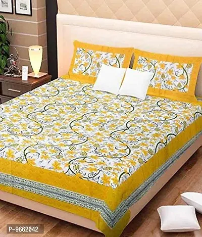 UniqChoice Jaipuri Printed 100% Cotton Rajasthani Traditional Print King Size Double Bedsheet with Zipped 2 Pillow Covers (Multicolor)-thumb0