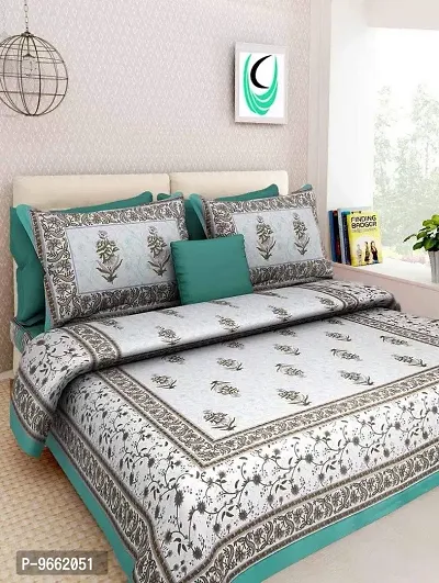 UniqChoice Turquoise Color Rajasthani Traditional Printed 120 TC 100% Cotton Double Bedsheet with 2 Pillow Cover,UCEBBD319
