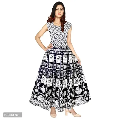 UniqChoice Women's Jaipuri Print Cotton Maxi Long Dress with Sleeves Attached Inside and Back Strips (Dress_54, White, Free Size Upto 44-XXL)