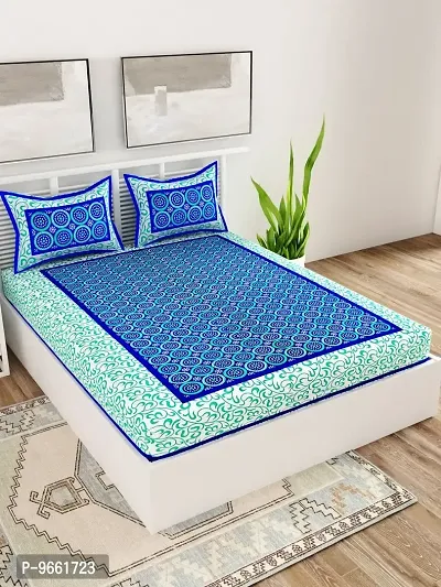 UniqChoice Blue Color Rajasthani Traditional Printed 120 TC 100% Cotton Double Bedsheet with 2 Pillow Cover,UC317_Gola-B