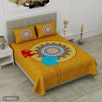 UniqChoice MustardColor 100% Cotton Rajasthani Traditional Double Bedsheet with 2 Pillow Cover 215cm x 235cm(95_Mustard_89)