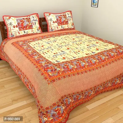 UniqChoice Jaipuri Print 100% Cotton Rajasthani Tradition King Size Double Bedsheet with 2 Pillow Covers (Red Color)-thumb0