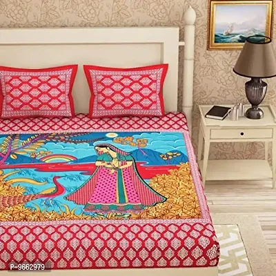 UniqChoice Cotton Traditional Print Double Bedsheet with 2 Pillow Cover - Red (215 x 240 cm)-thumb2