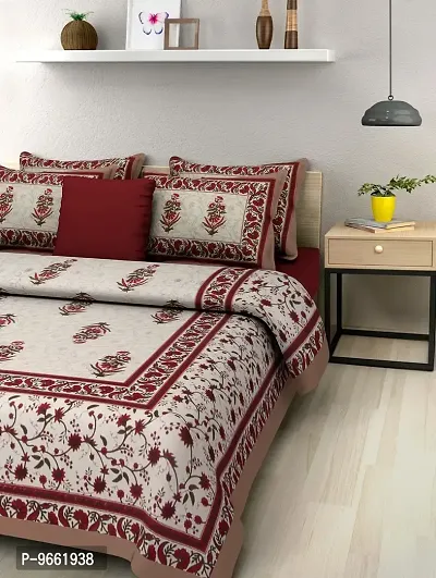 UniqChoice Jaipuri Print 100% Cotton Rajasthani Tradition King Size Double Bedsheet with 2 Pillow Covers(Beige Color)