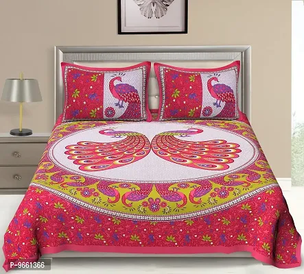 UniqChoice Pure Cotton Floral Jaipuri Traditional Double Bedsheet with 2 Pillow Cover, Standard, Pink, (PGIBD_29)