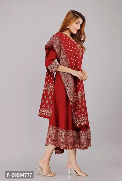 Women's Floral Printed Anarkali Kurti with Printed Dupatta (Maroon-3XL)-thumb3