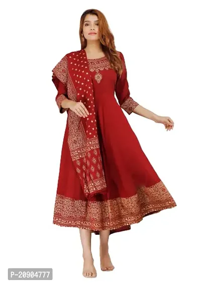 Women's Floral Printed Anarkali Kurti with Printed Dupatta (Maroon-3XL)-thumb0