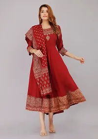 Women's Floral Printed Anarkali Kurti with Printed Dupatta (Maroon-3XL)-thumb1