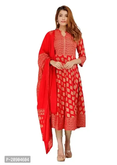 Women's Rayon Golden Floral Printed Anarkali Kurti with Dupatta