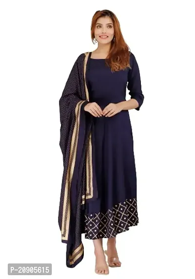 Women's Rayon Solid Anarkali Kurti with Printed Dupatta (Blue-3XL)-thumb0