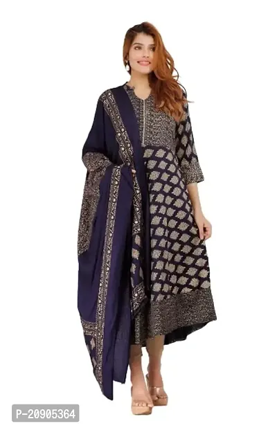 Women's Rayon Golden Floral Printed Anarkali Kurti with Dupatta (Black-3XL)