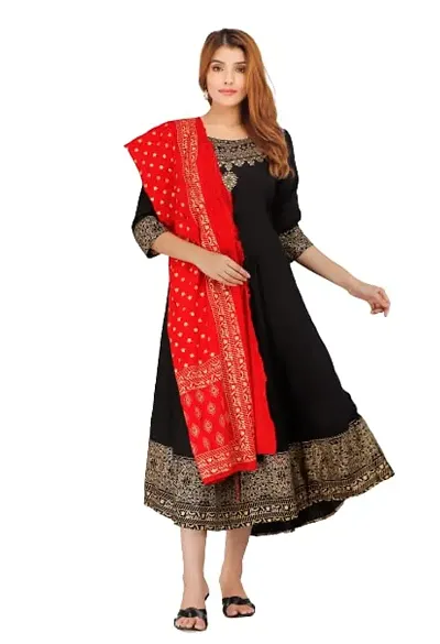 Women's Floral Anarkali Kurti with Dupatta (Black-3XL)