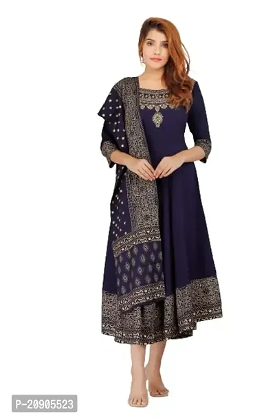 Women's Floral Printed Anarkali Kurti with Printed Dupatta (Blue-3XL)