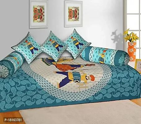 HomeStore-YEP 100% Cotton Jaipuri Dholamaro 6 Pcs Diwan Set for Living Room Dining Hall (1 Single Bedsheet, 2 Bolster Covers, 3 Cushion Covers), Multicolor