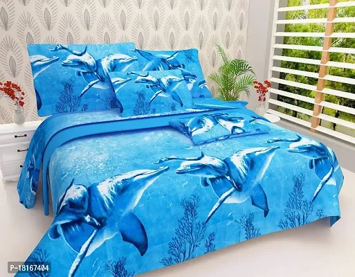 HomeStore-YEP 144 TC 3D Printed Poly Cotton Double Bedsheet with 2 Pillow Covers (Multicolour, 90 x 90 Inch) - Blue Color  Dolphin