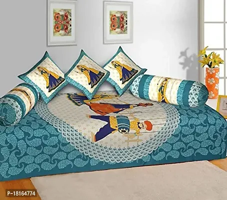 HomeStore-YEP 100% Cotton Jaipuri Dholamaro 6 Pcs Diwan Set for Living Room Dining Hall (1 Single Bedsheet, 2 Bolster Covers, 3 Cushion Covers), Multicolor