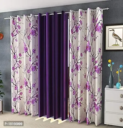 HomeStore-YEP Polyester Floral Curtain, Door - 7 Feet, Purple, Pack of 3