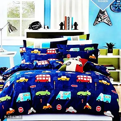 HomeStore-YEP Heavy Glace Cotton Double Bedsheet with Two Pillow Cover Size 90 * 100 inches Kids Room, Bus Blue Color