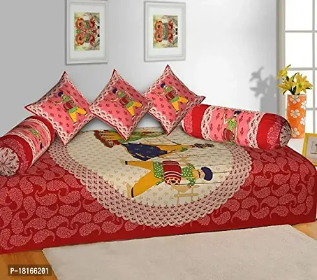 HomeStore-YEP 100% Cotton Jaipuri Dholamaro 6 Pcs Diwan Set for Living Room Dining Hall (1 Single Bedsheet, 2 Bolster Covers, 3 Cushion Covers), Multicolor