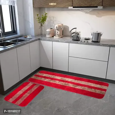 HomeStore-YEP Plain Anti Skid Microfiber Runner Kitchen Combo Door Mat| Floor Mat for Your Home  Kitchen (Grey,16x54 Inch-16x24 Inch)-Pack of 2 (Line Red)