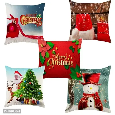 HomeStore-YEP Christmas Theme Decoration Printed Zipper Jute Cushion Covers/Pack of 5 (Multicolor)(16 x 16)(X-Mas Theme) Red