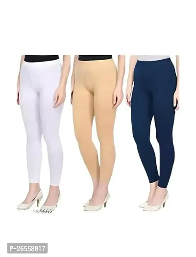 PR PINK ROYAL Women's Solid Cotton Viscose Lycra Regular Fit Leggings Combo Pack 3 | Color White,Begie,DarkBlue-thumb0