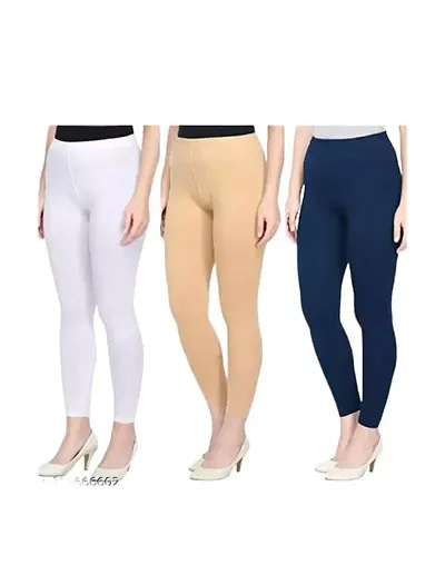 Stylish Cotton Solid Leggings For Women - Pack Of 3
