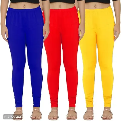 Heena Fashion Care Women?s Solid Skin Fit Cotton Lycra Chudidhar Skinny Fit Leggings Combo Pack of 3 (Royal Blue, Red, Yellow)-thumb0