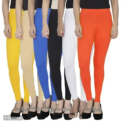 Aaru Collection Stretchable Cotton Ankle Length Leggings for Women Combo Pack of 6 - Free Size (Yellow+Beige+Blue+Black+White+Orange)